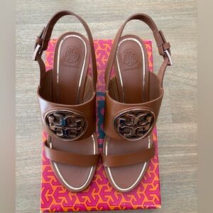 Tory Burch Metal Miller Tan Leather Wedge Sandals